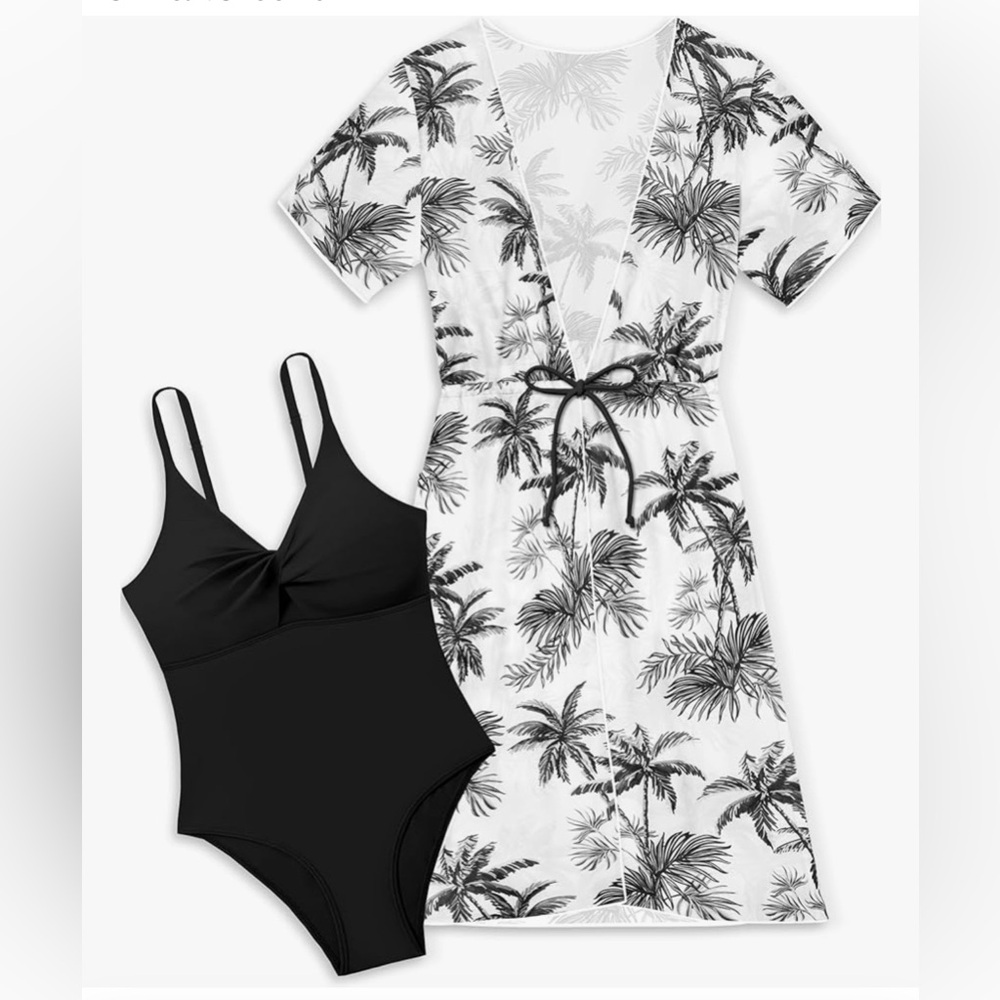 Black Swimsuit with Palm Print Cover-Up